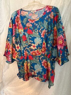 Umgee Teal Blue Floral Tunic with Pink & Yellow Blooms